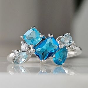 Blue Aquamarine Swarovski crystal ring, 925 Sterling Silver